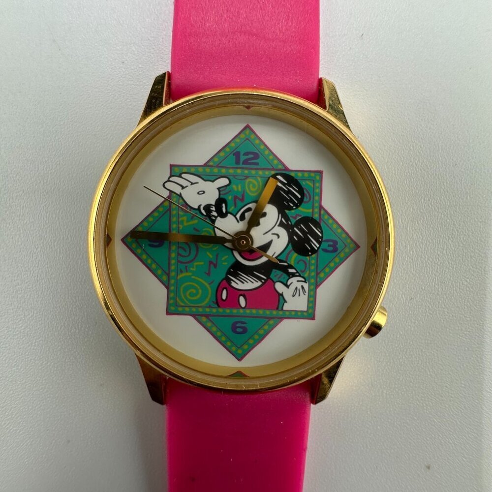 3/$30 Disney Mickey Mouse Watch Women Gold Tone Pink Silicone Band 8.5"